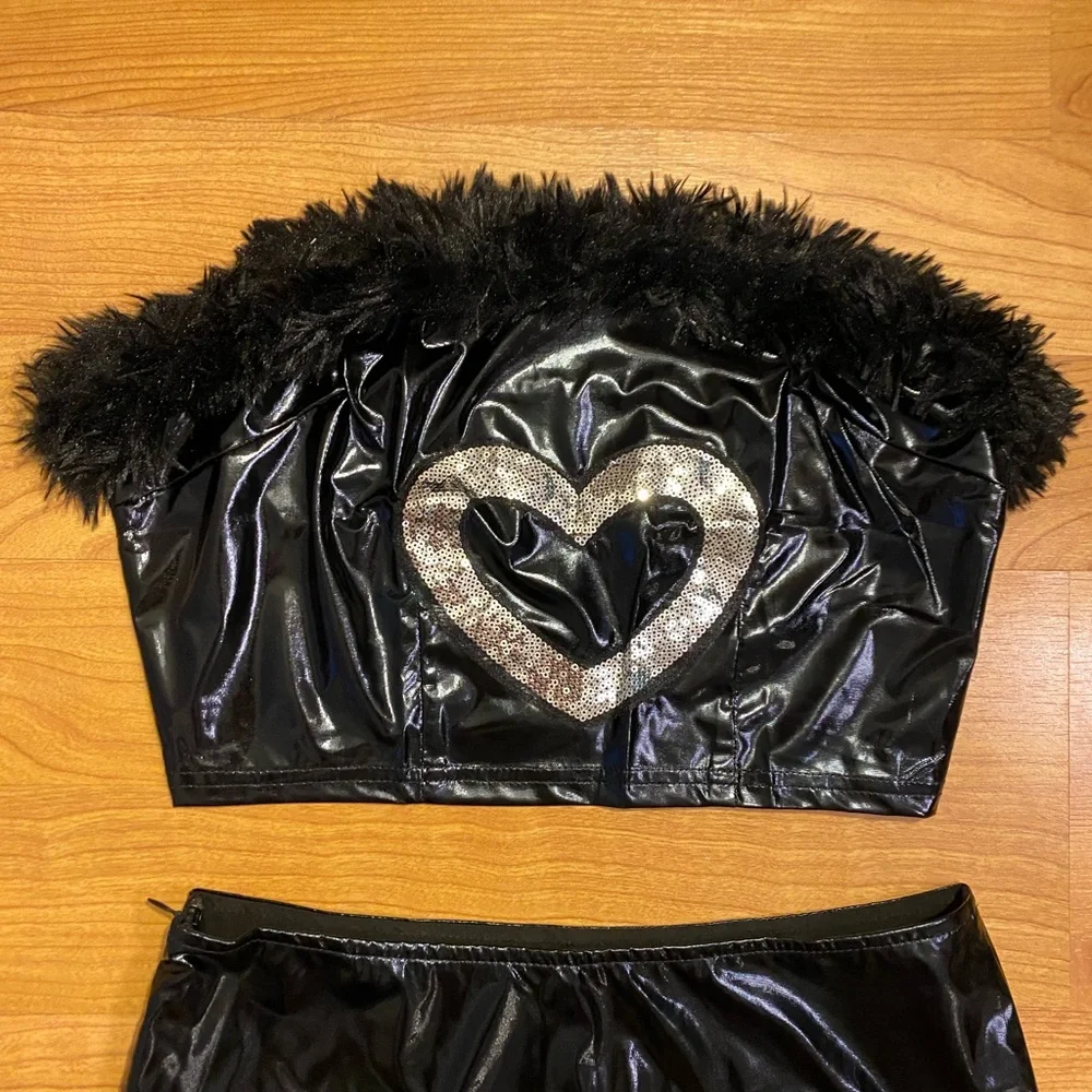 Black Faux Leather & Rhinestone Heart Bandeau Skort Set